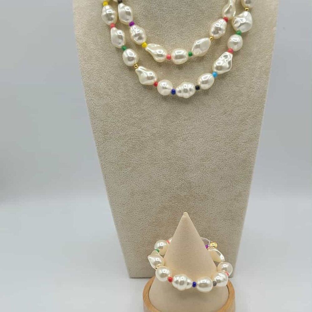 J Crew Set of Large Baroque Faux Pearl Double Strand Necklace Bracelet NWT@